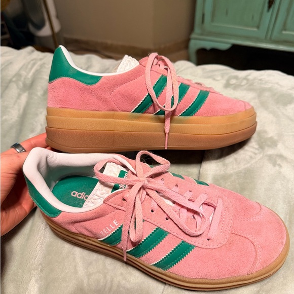 adidas Shoes - adidas Pink Suede Platform Sneakers with Green Stripes